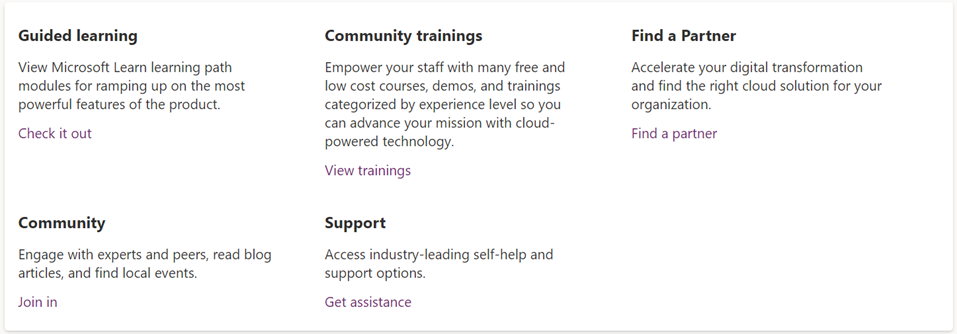 Screenshot showing links to additional resources for Volunteer Management such as guided learning and general support.