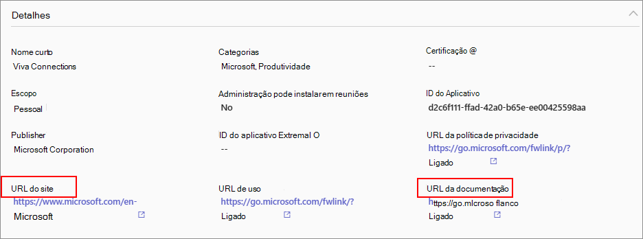 Captura de ecrã que mostra ligações de documentação no centro de administração de uma aplicação na respetiva página de detalhes.