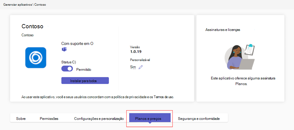 Captura de ecrã a mostrar os planos pagos de uma aplicação no centro de administração do Teams.