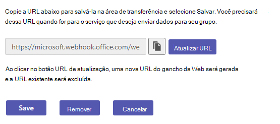 Captura de ecrã a mostrar a opção para atualizar um URL de webhook.