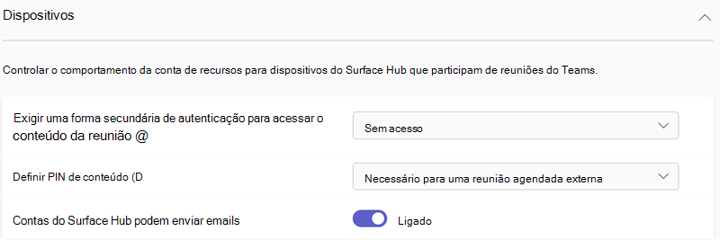 Captura de ecrã a mostrar as definições de dispositivos do Teams no centro de administração do Teams.