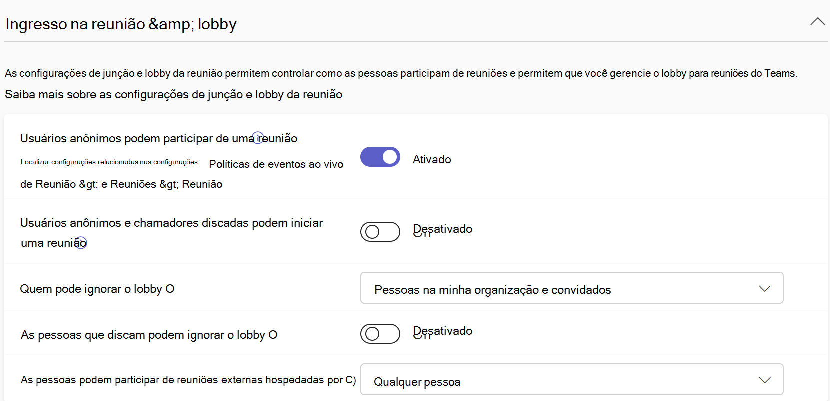 Captura de ecrã a mostrar a participação na reunião do Teams & políticas de lobby no centro de administração do Teams.