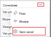 Captura de ecrã a mostrar a opção gerir canal no Teams.