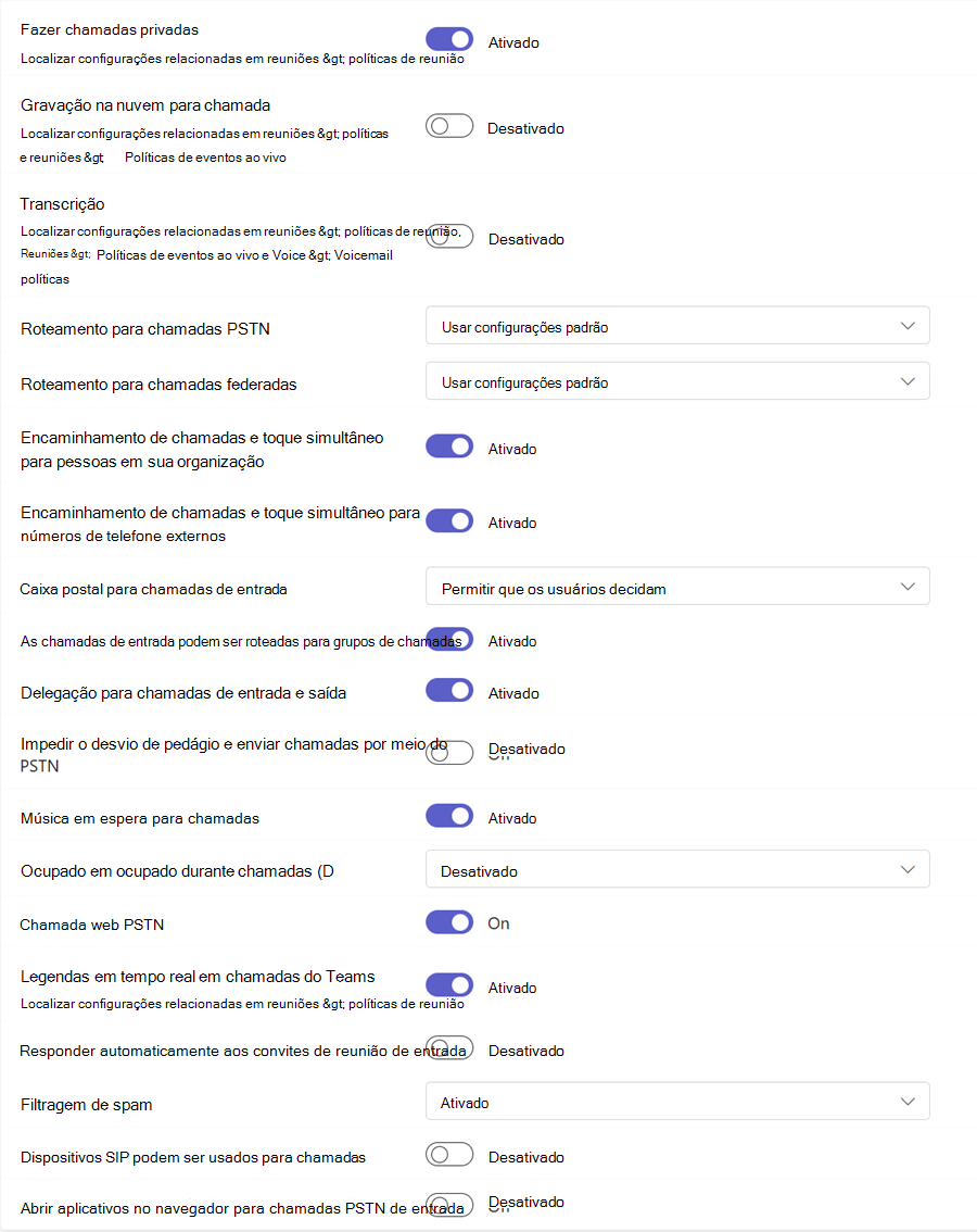 Captura de ecrã a mostrar as políticas de chamadas do Teams.