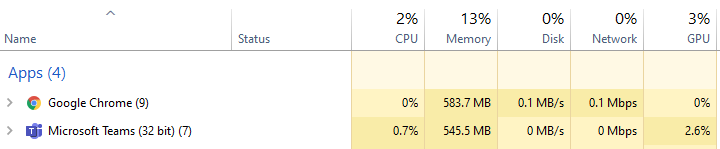 Utilização da memória do Teams para a aplicação de ambiente de trabalho e a aplicação Web.