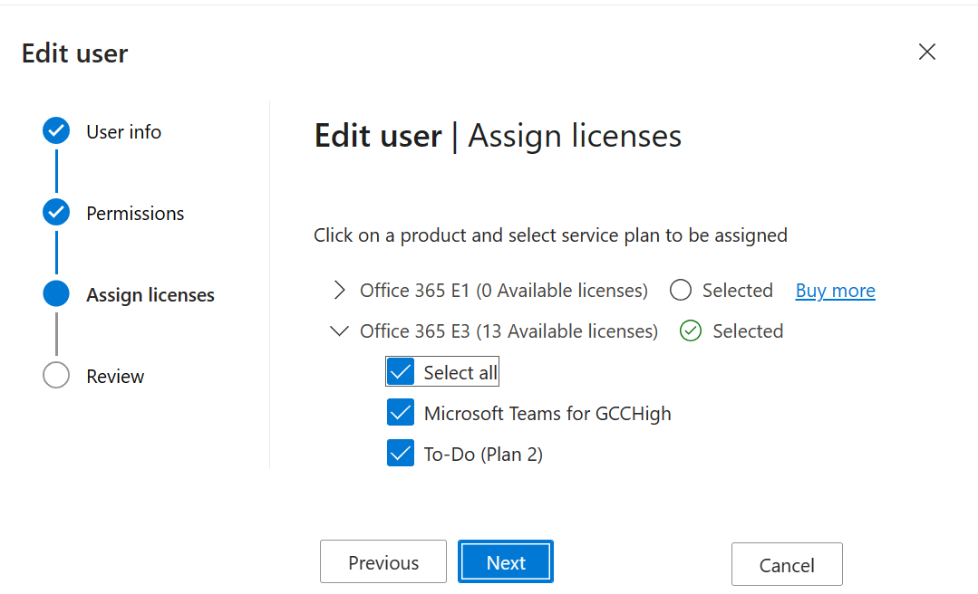 Captura de tela da página Editar usuário – Atribuir licenças.