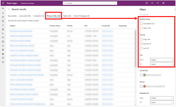 Facetas Status de atividade, Prioridade e Previsto da tabela de chamadas telefônicas