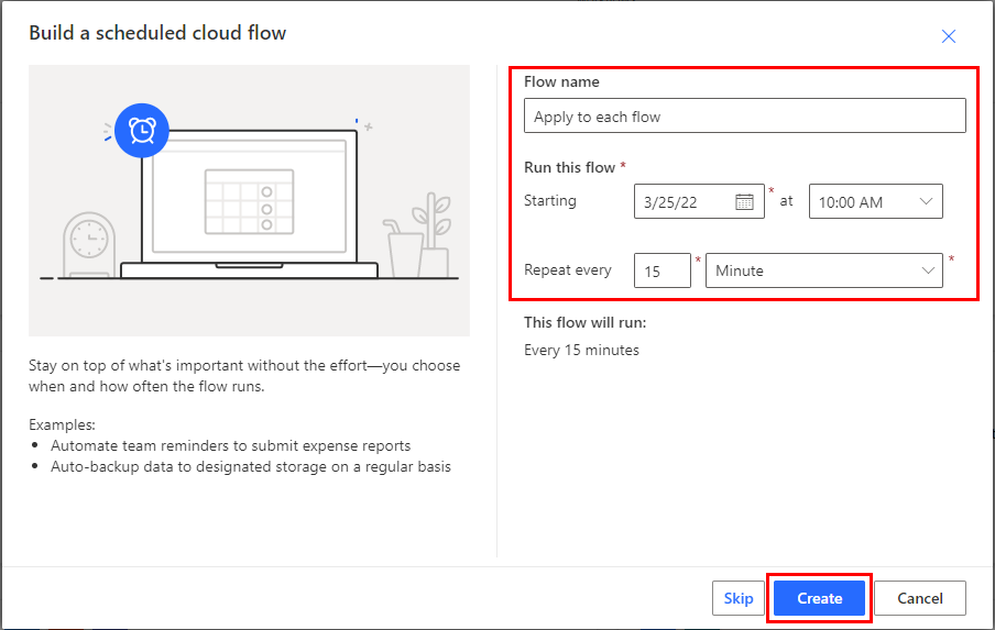 Captura de tela das opções para configurar um fluxo agendado.