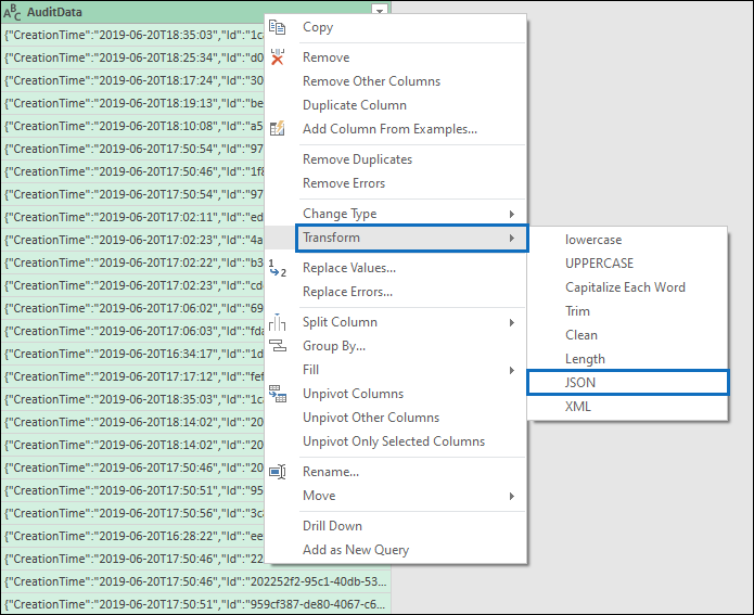 Clique com o botão direito do rato na coluna AuditData, clique em Transformar e, em seguida, selecione JSON.