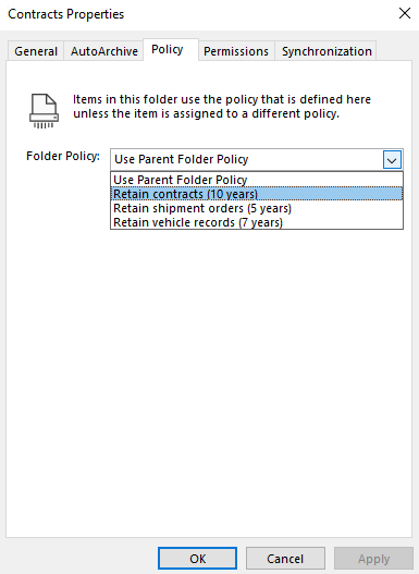 Aplique a etiqueta de retenção predefinida para a pasta de ambiente de trabalho do Outlook.