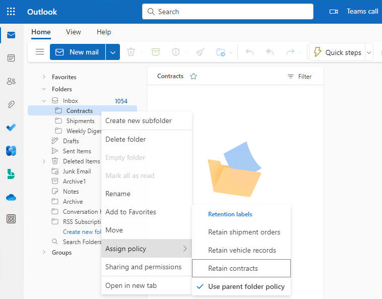 Aplique a etiqueta de retenção predefinida para Outlook na Web pasta.