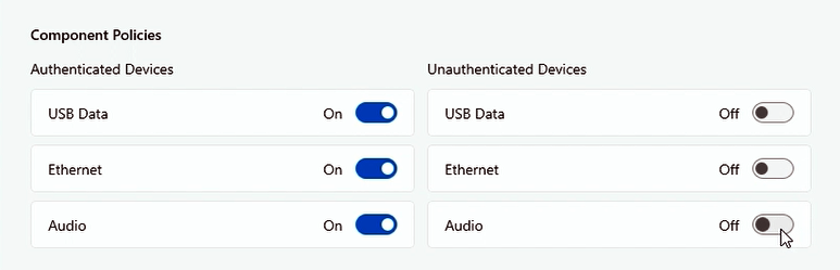 Captura de ecrã que mostra as portas desativadas para dispositivos não autenticados.