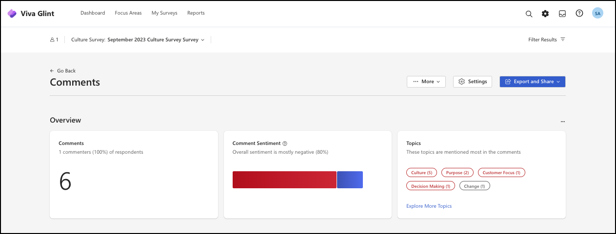 Captura de ecrã a mostrar as secções predefinidas da Descrição Geral de Comentários.