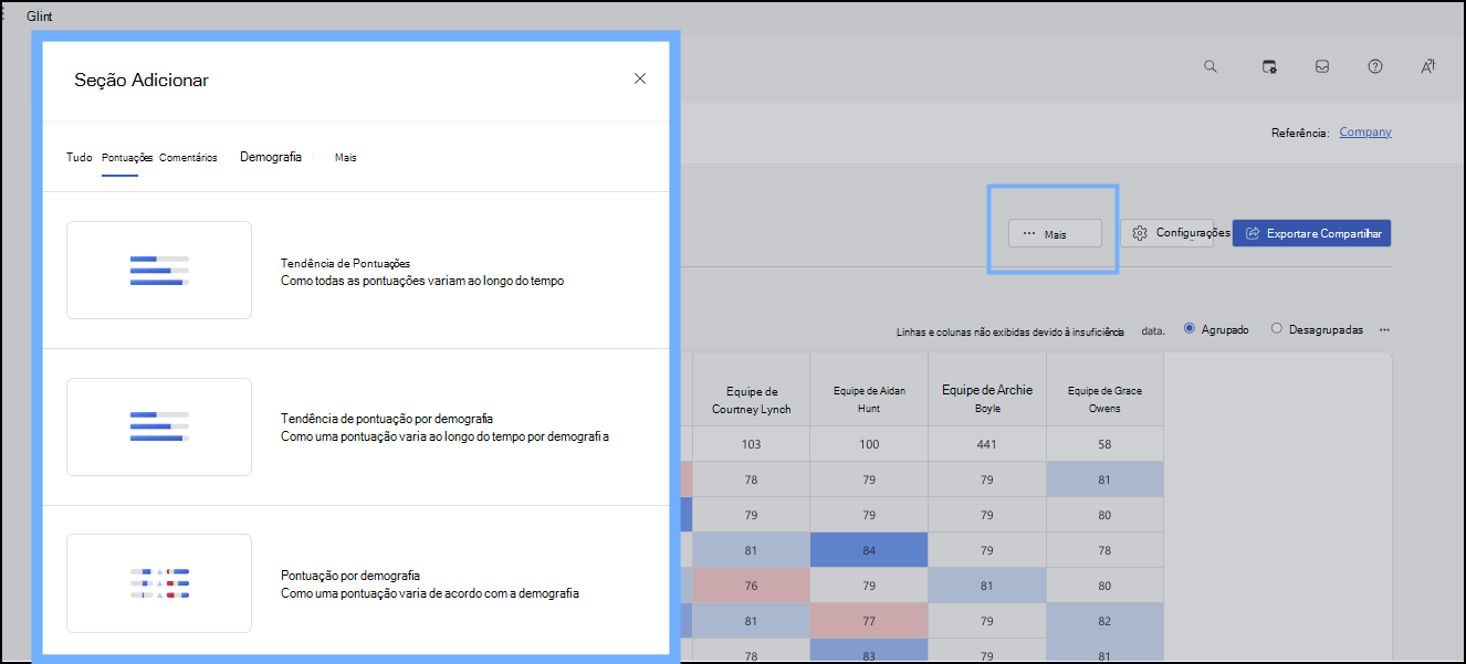 Captura de ecrã a mostrar a utilização do botão Mais para abrir a janela Adicionar Secções.