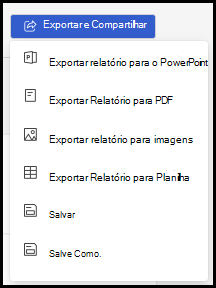 Captura de ecrã a mostrar as opções de exportação e partilha.