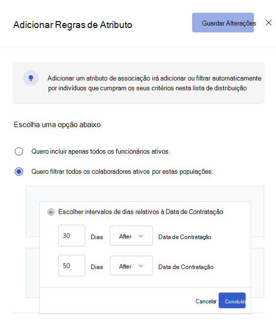 Captura de ecrã de um Viva Glint lista de distribuição baseada em datas para um inquérito de inclusão de 30 dias.