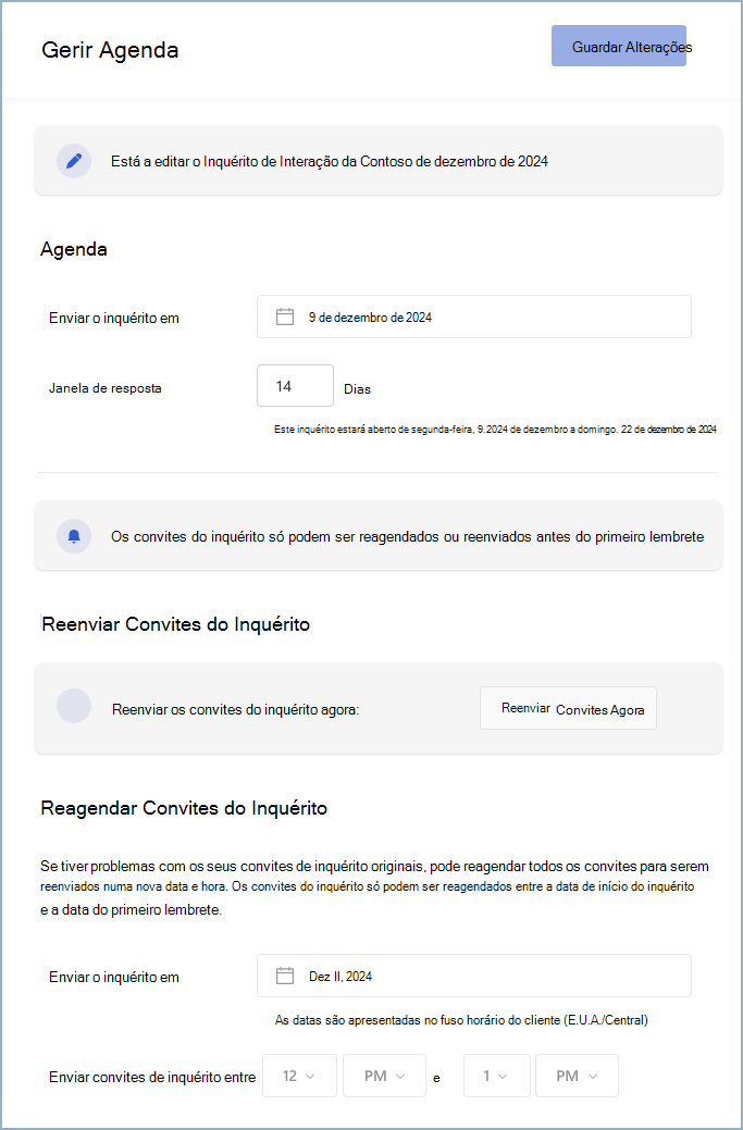 Captura de ecrã da funcionalidade Gerir Agenda & Convites para um inquérito em direto Viva Glint.