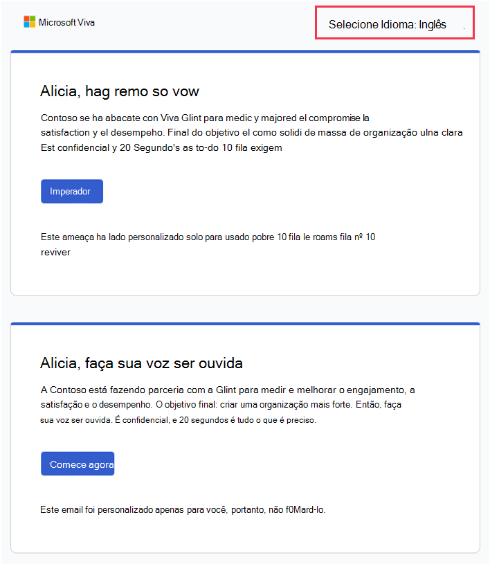 Captura de ecrã de um e-mail com secções em espanhol e inglês e uma hiperligação Selecionar Idioma na parte superior do e-mail.