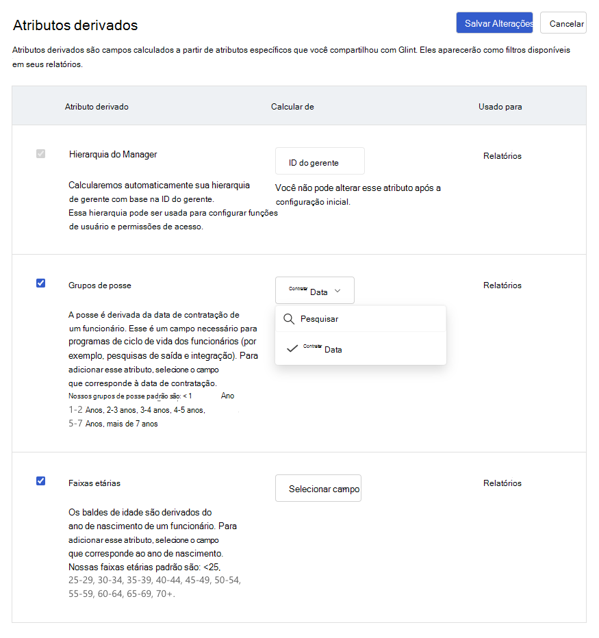 Captura de ecrã da secção Atributos Derivados depois de selecionar o botão Gerir Atributos Derivados.