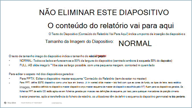 Captura de ecrã a mostrar um diapositivo de marcador de posição de conteúdo de relatório.