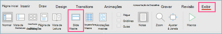 Captura de ecrã do Modelo Global de Diapositivos do PowerPoint na barra de menus Ver.