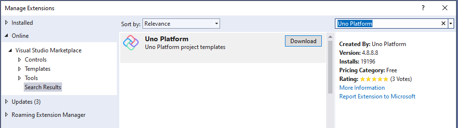 Janela Gerenciar extensões no Visual Studio com a extensão da plataforma Uno como resultado da pesquisa