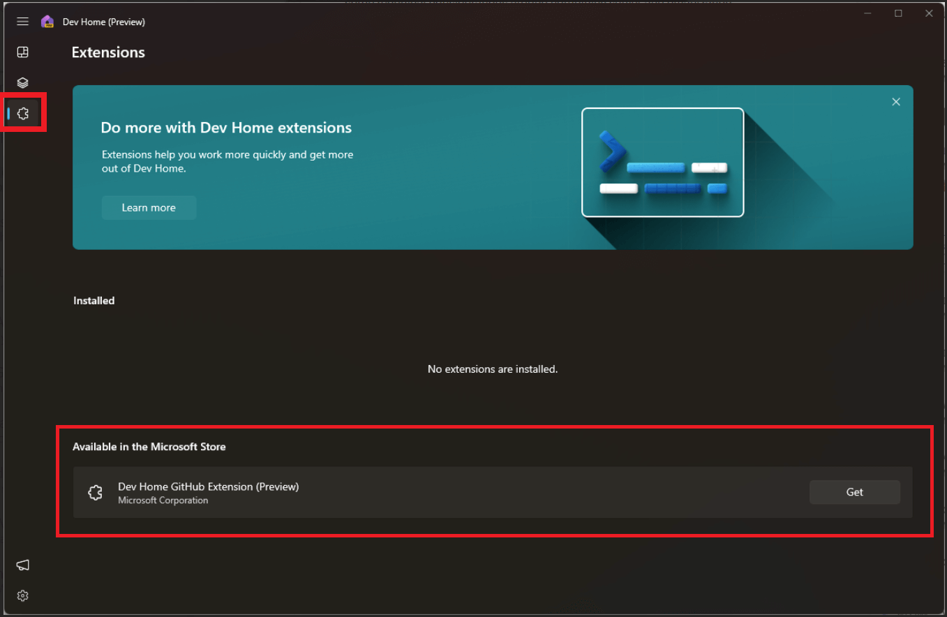 Captura de tela da guia Extensões do Windows Dev Home mostrando o botão Obter Extensão do GitHub