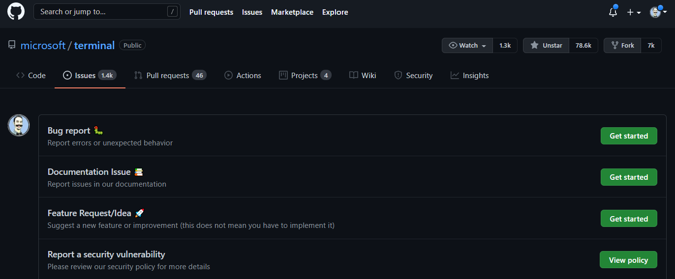 Captura de tela da criação de um problema no repositório do terminal