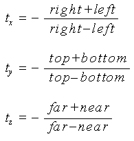 Equações que descrevem a matriz de perspectiva.