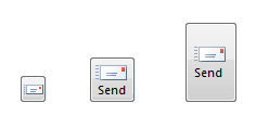 Captura de tela que mostra vários tamanhos de um botão de email 'Enviar', com os menores a maiores tamanhos começando da esquerda para a direita.
