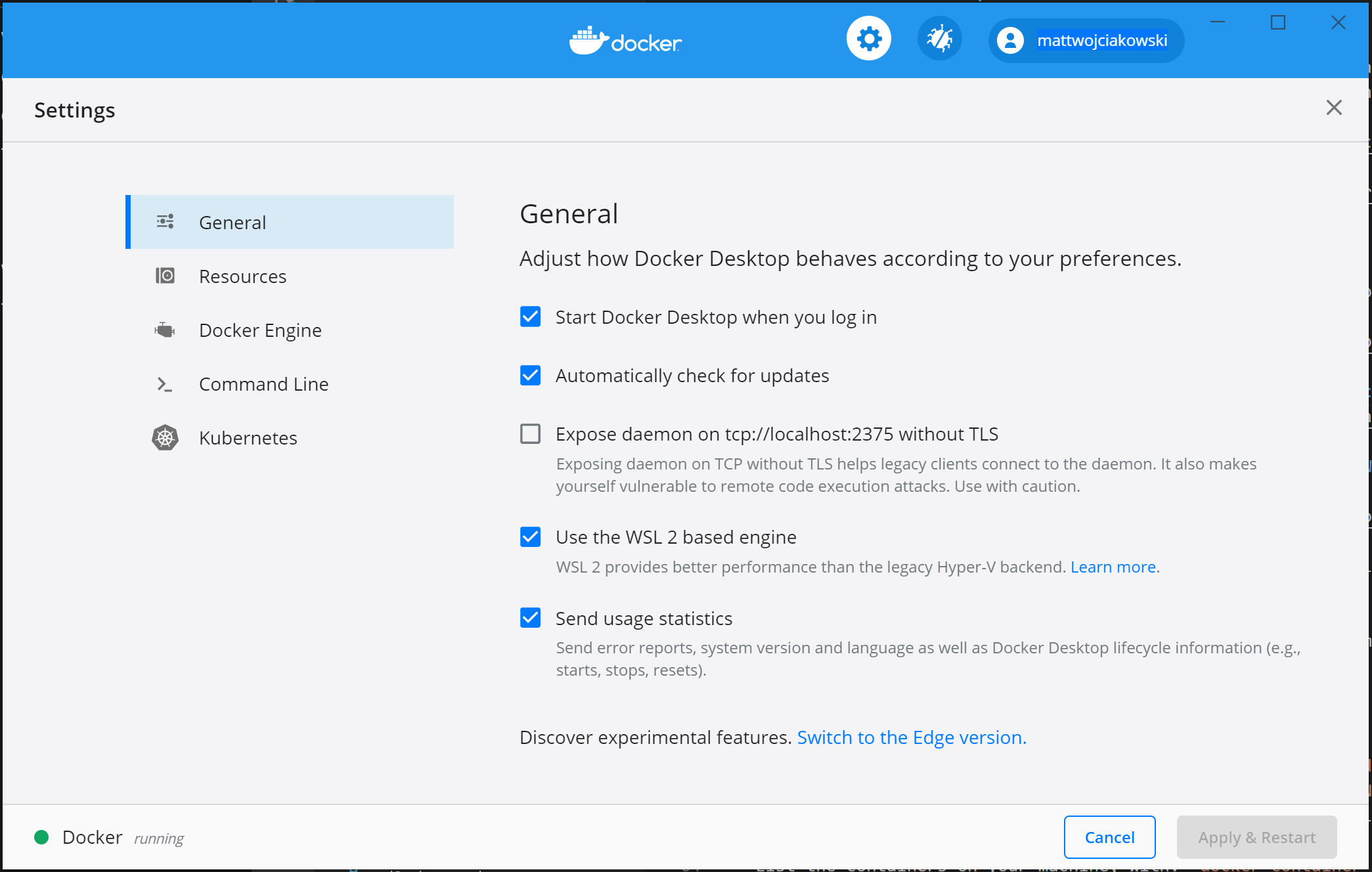 Captura de tela da área de trabalho do Docker