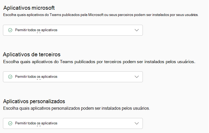 Captura de ecrã a mostrar as políticas de permissão da aplicação Teams no centro de administração do Teams.