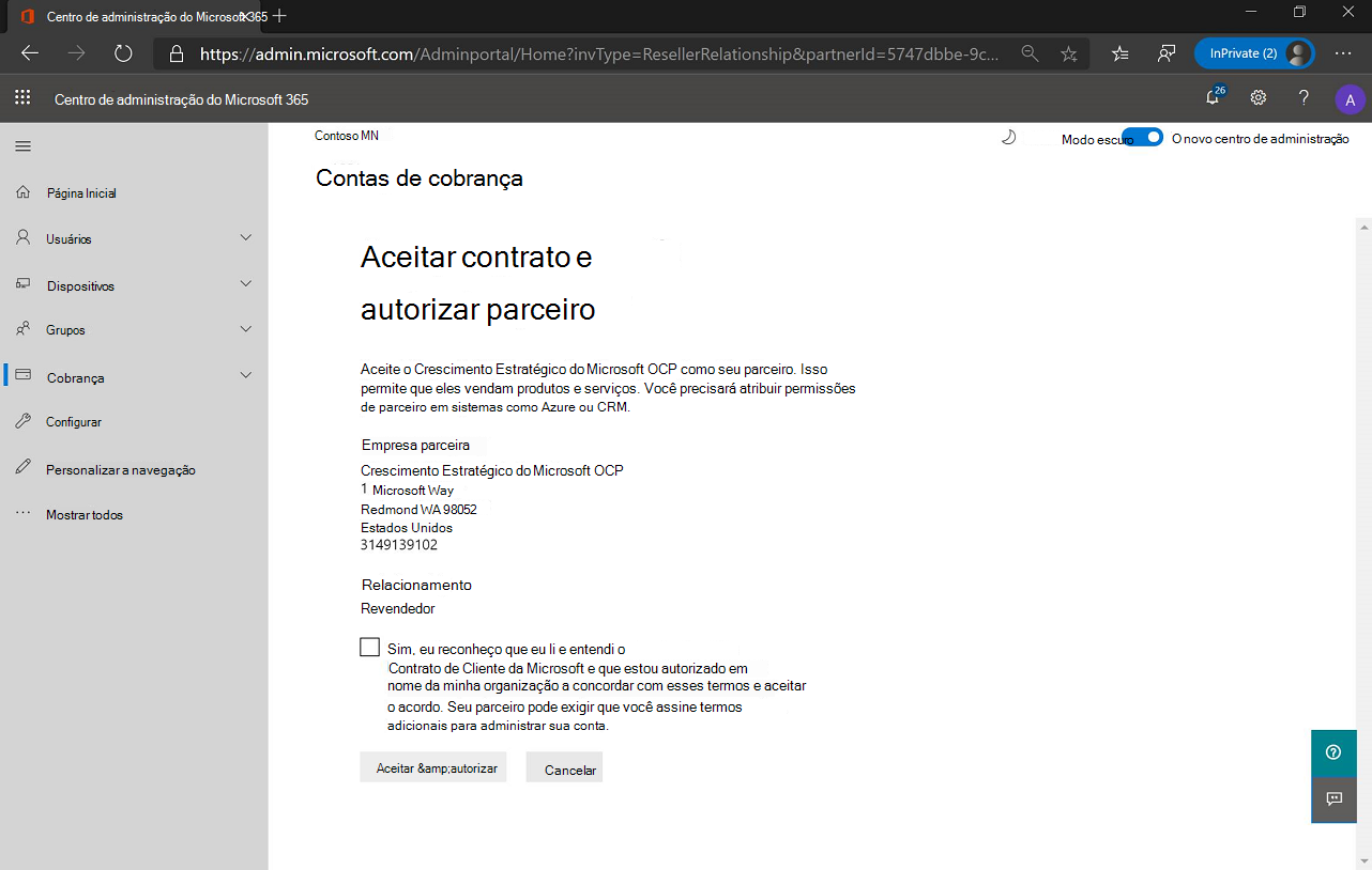 Captura de ecrã da página Aceitar contrato e autorizar parceiro.