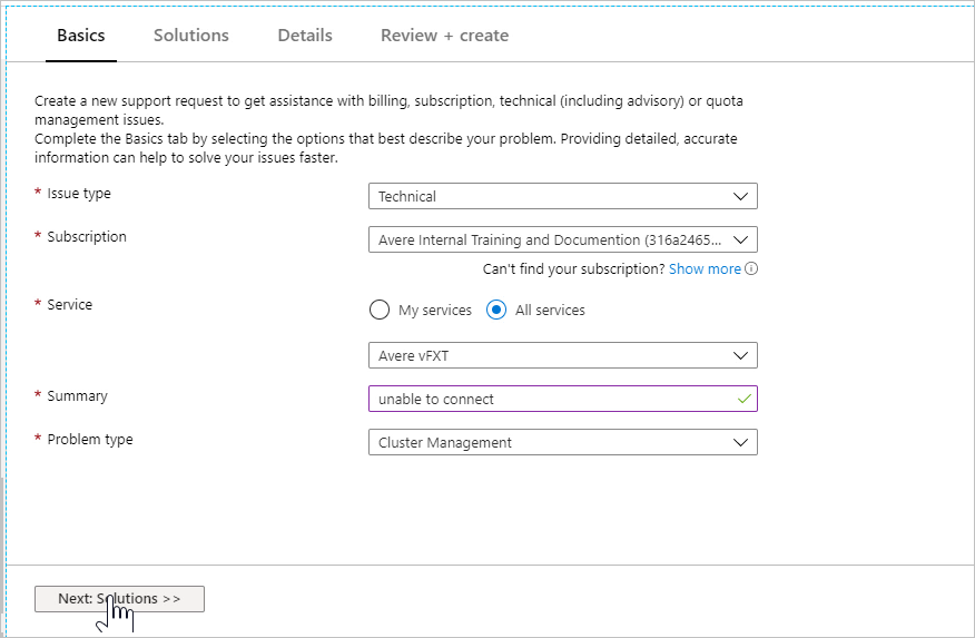 captura de ecrã de um novo ecrã de pedido de suporte no portal do Azure. A guia Noções básicas está selecionada. Os itens de tela incluem Tipo de problema, Assinatura, Serviço, Resumo e Tipo de problema.