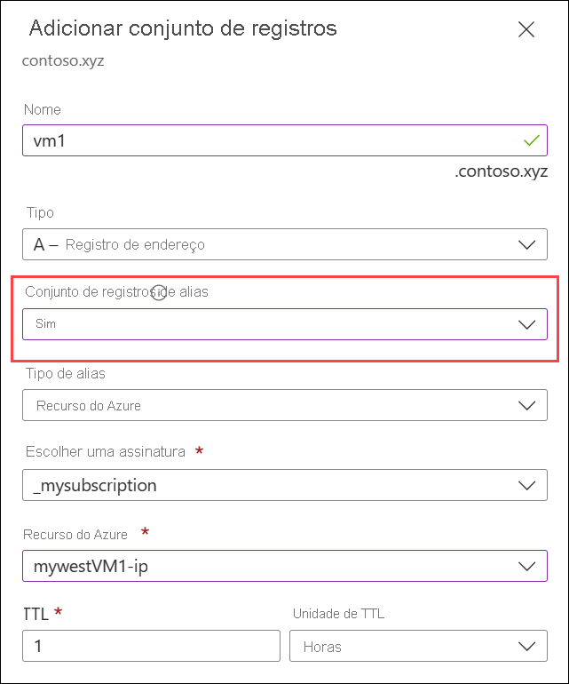 Uma captura de tela mostrando como adicionar um conjunto de registros de alias.