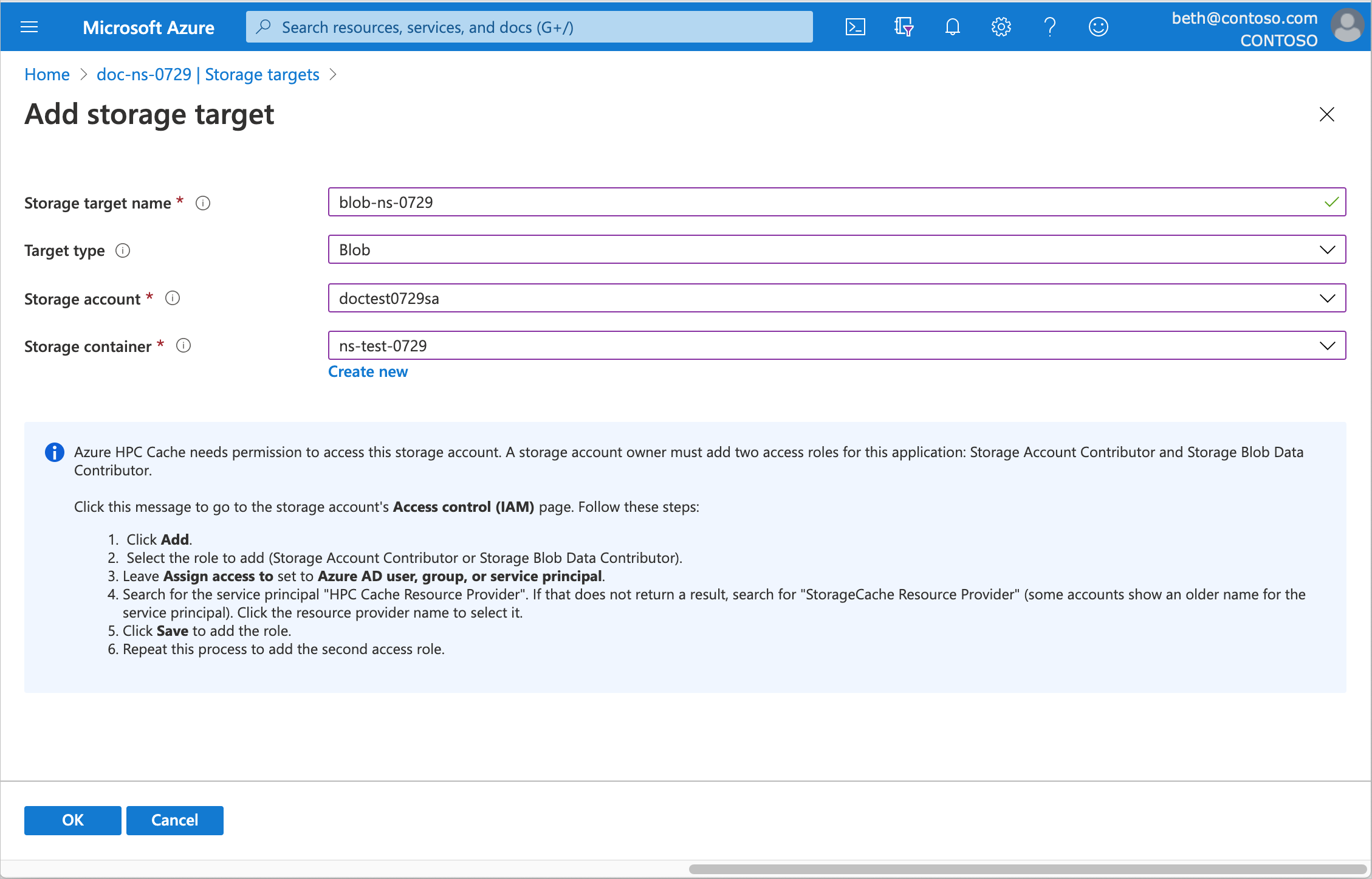 captura de tela da página adicionar destino de armazenamento, preenchida com informações para um novo destino de armazenamento de Blob do Azure