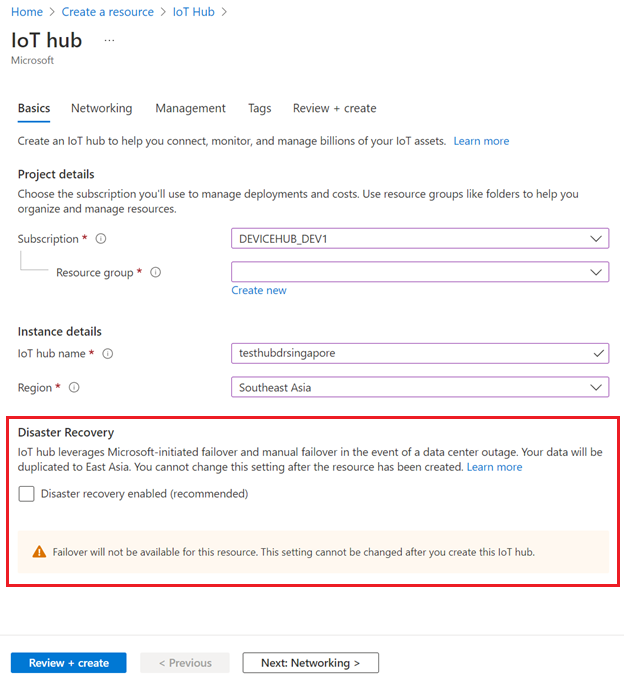 Captura de tela que mostra a opção de recuperação de desastres para um hub IoT na região de Cingapura.