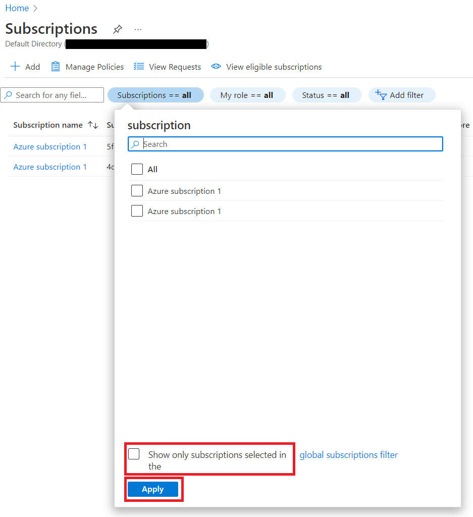 Captura de ecrã do portal do Azure que mostra como alterar o filtro de subscrições para listar todas as suas subscrições.