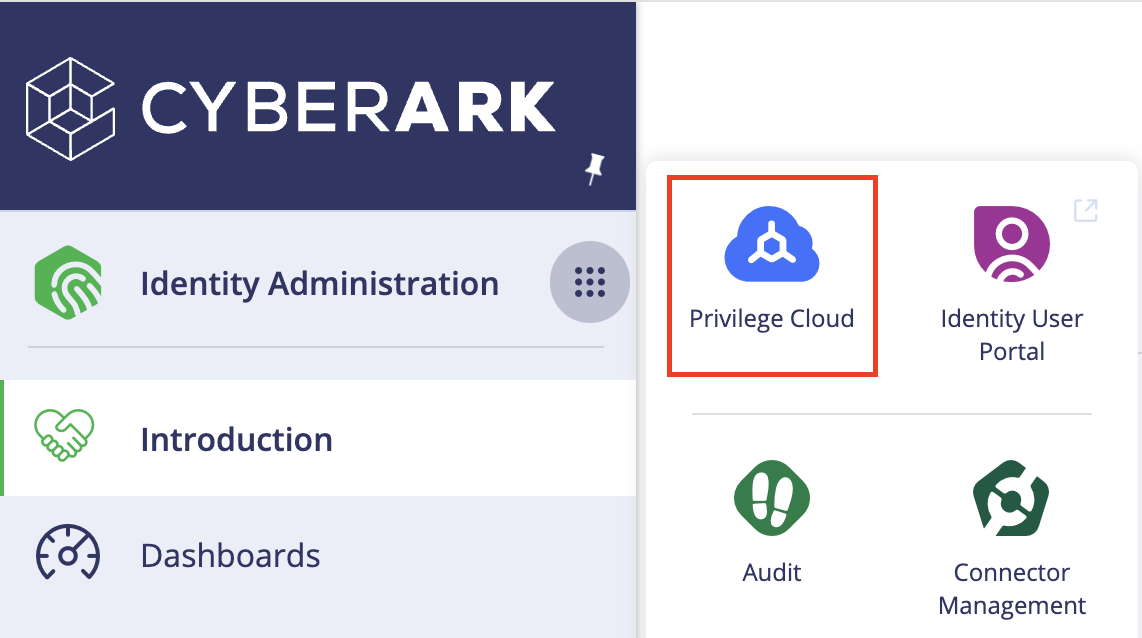 Captura de ecrã a mostrar o menu CyberArk com Privilege Cloud selecionado.