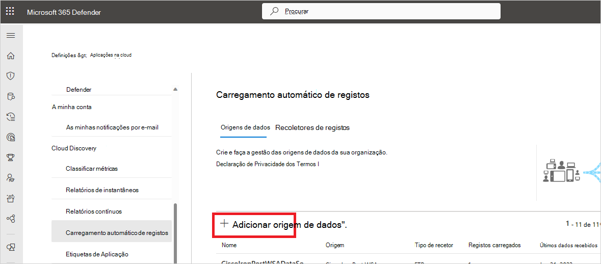 Captura de ecrã a mostrar o botão Adicionar origem de dados.