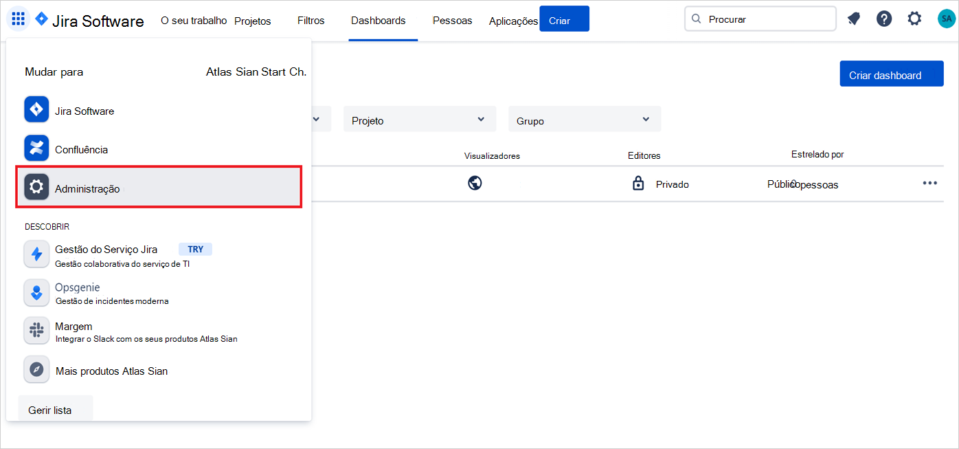 Inicie sessão no portal de Administração Atlassian.