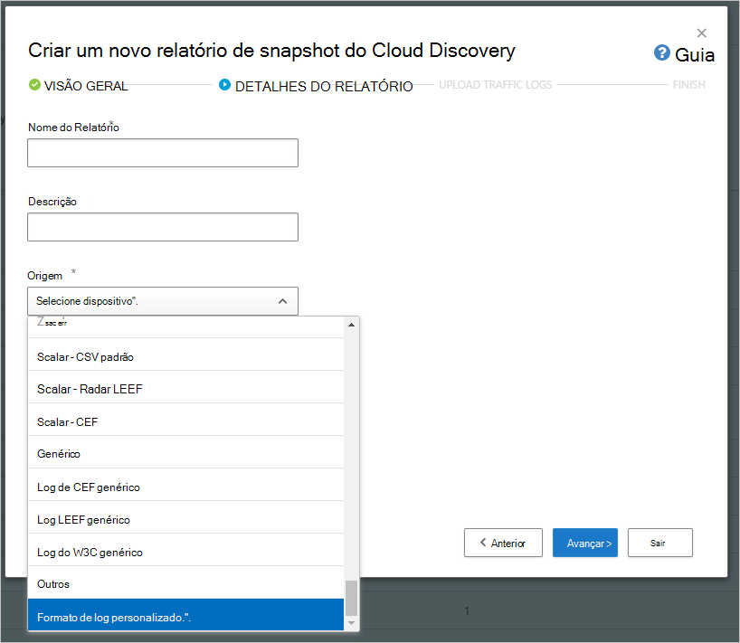 Captura de ecrã a mostrar a caixa de diálogo Criar novo relatório de instantâneo da cloud Discovery.