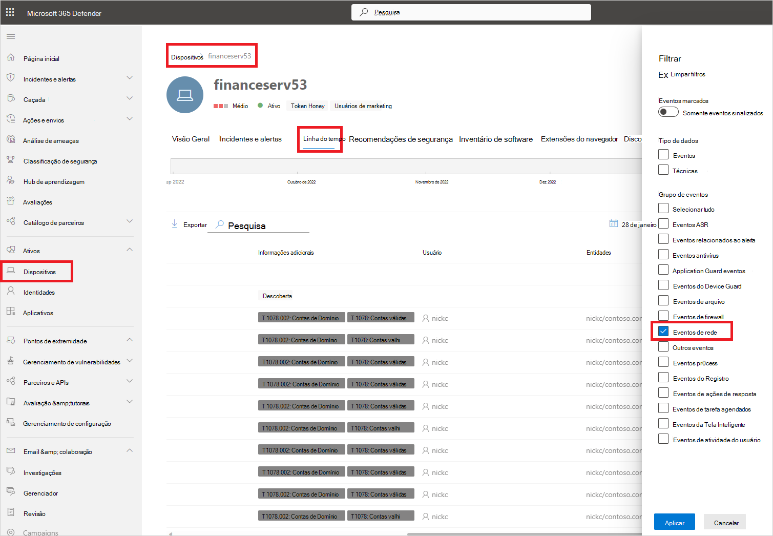 Captura de ecrã a mostrar a linha cronológica do dispositivo no Microsoft Defender XDR.