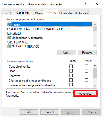 Captura de ecrã a mostrar as definições de segurança avançadas.