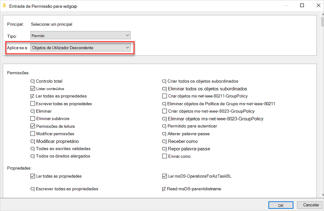 Captura de ecrã a mostrar a definição de permissões e propriedades.