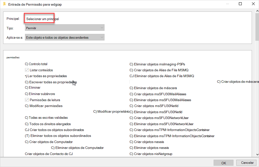 Captura de ecrã a mostrar a seleção de um principal.