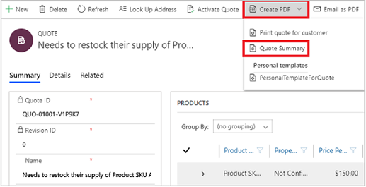 Um formulário de proposta mostrando o botão Criar PDF na barra de comandos.