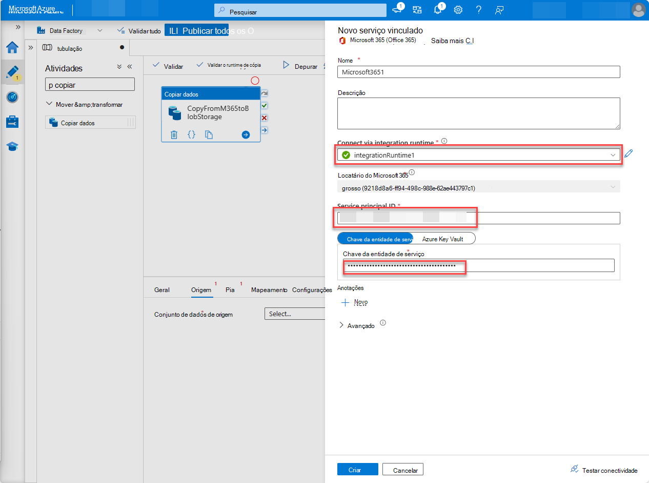 Captura de ecrã da página do serviço Data Factory do portal do Azure com a chave do principal de serviço configurada.