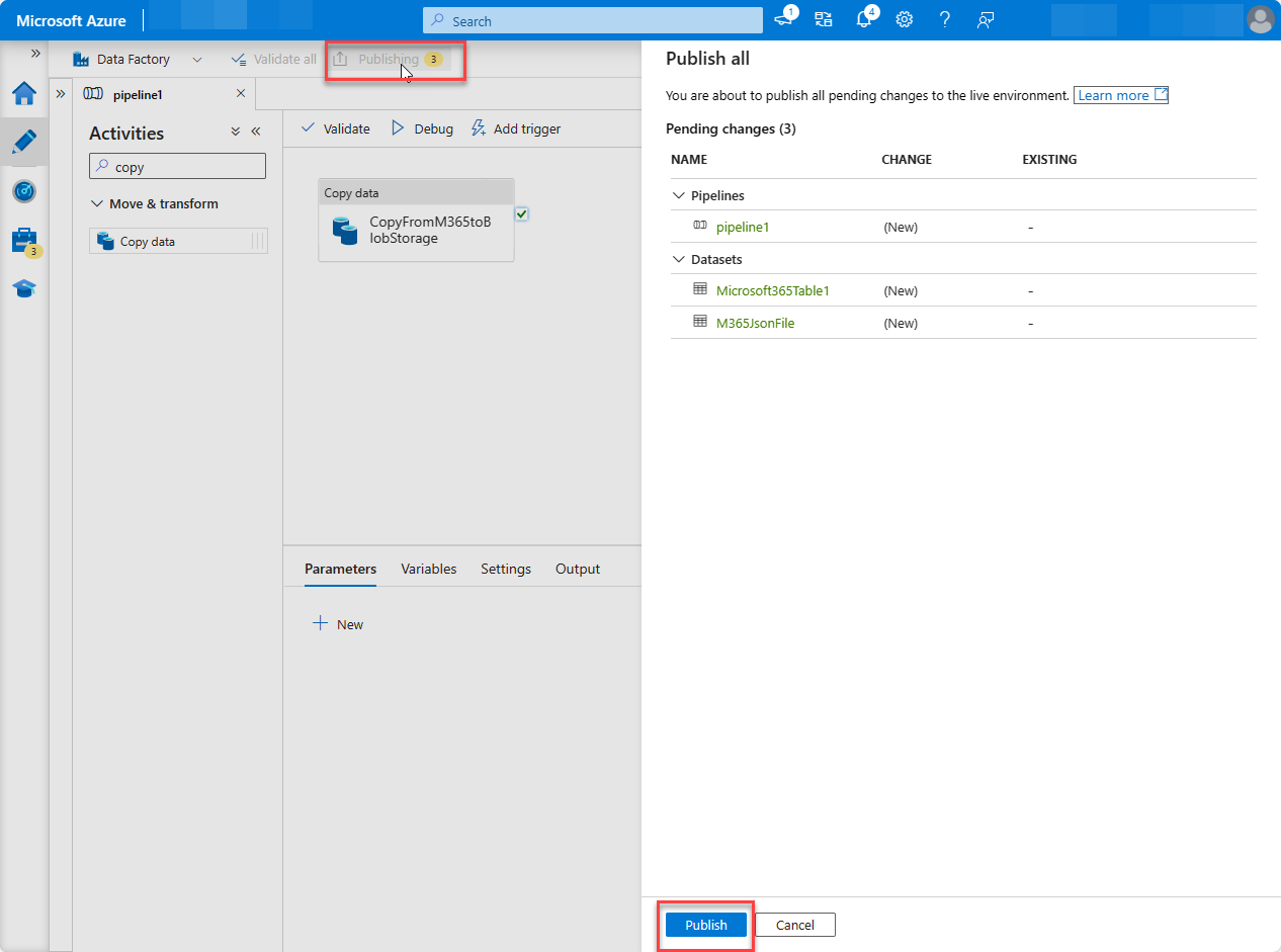 Captura de ecrã da página Recursos de fábrica do portal do Azure com a opção Publicar tudo realçada.