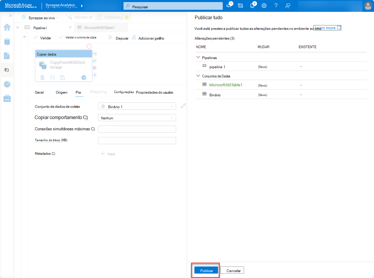 Captura de ecrã do Pipeline do Synapse Analytics com a opção Publicar tudo realçada.